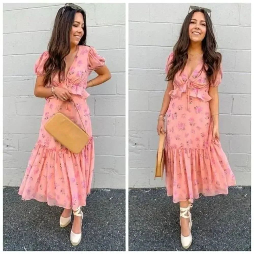 LoveShackFancy X Target Fleur Floral Pink Melon Midi Dress 4 NWT